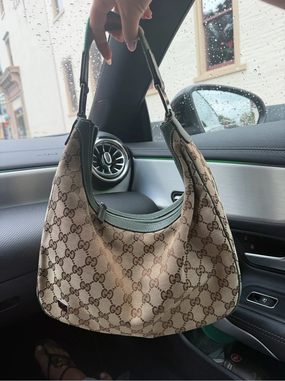 Gucci Beige Monogram Hobo with Green Trim